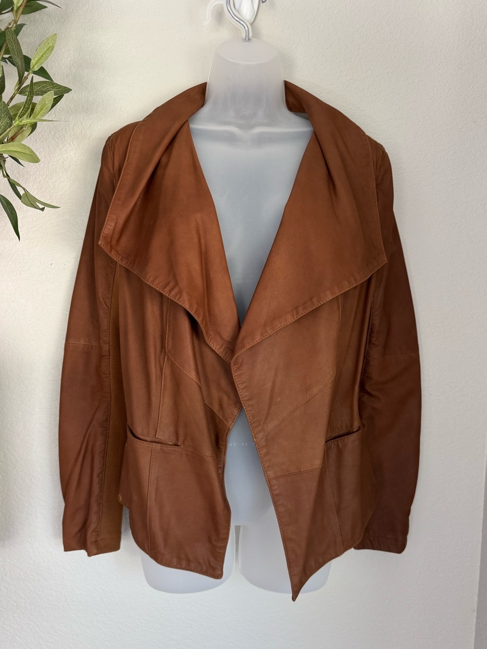 Mauritius Brown Lamb Leather Jacket M US 8 Waterfall Drape Cognac Moto Boho